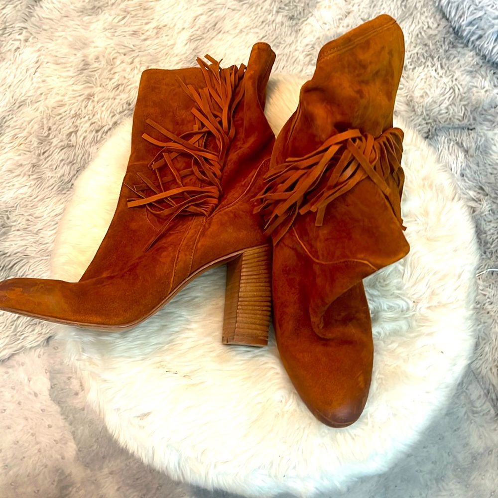 Free People Fringed Tan Suede High Heel Ankle Boots Size 10